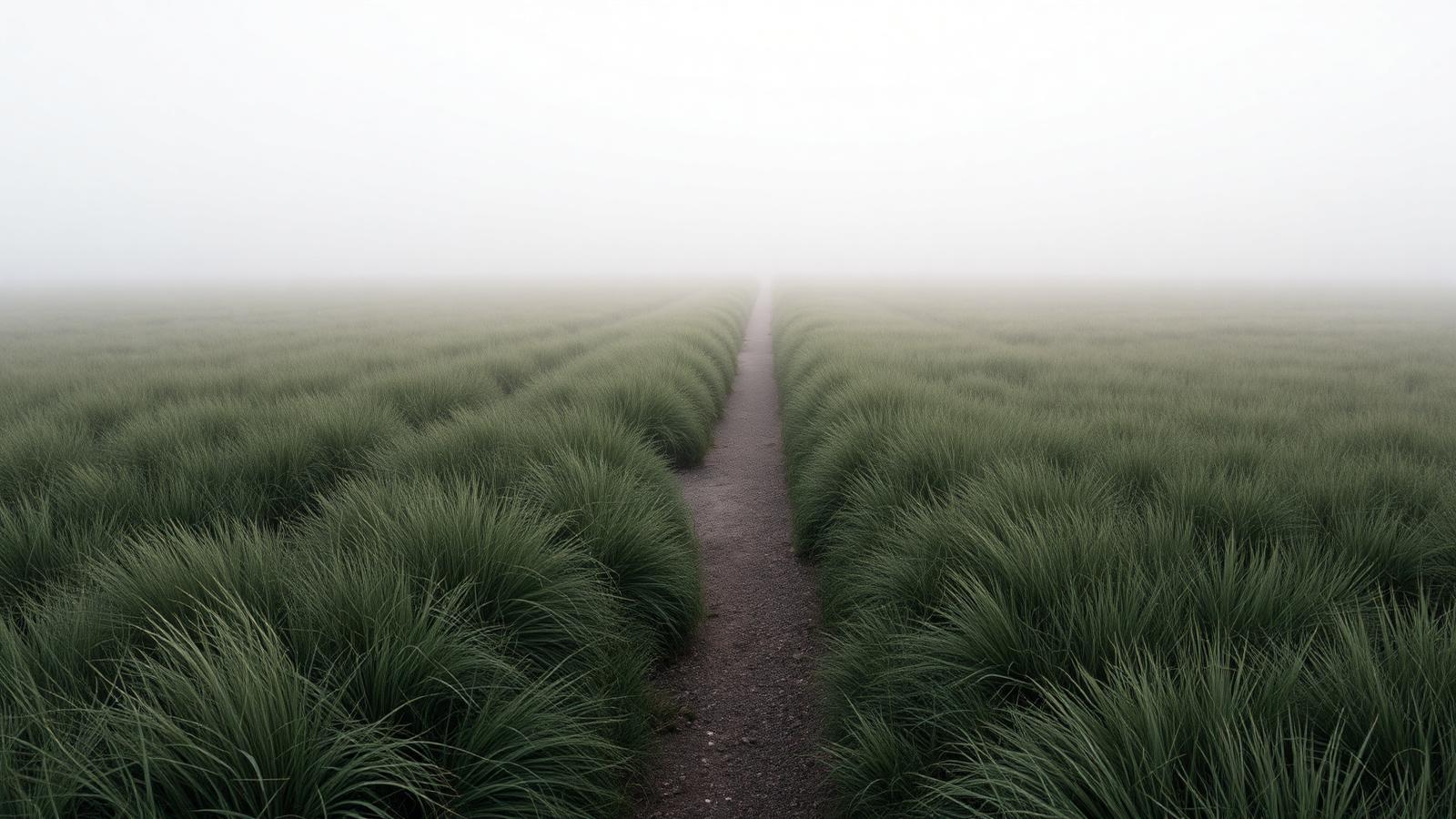 A narrow path leading through quiet grass into soft morning mist